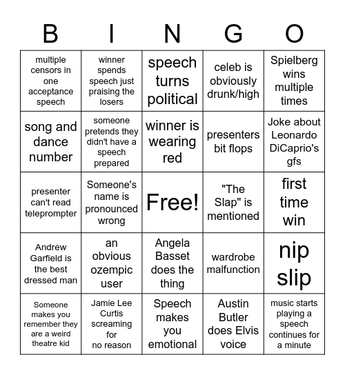 OSCAR NIGHT BINGO!!!! Bingo Card