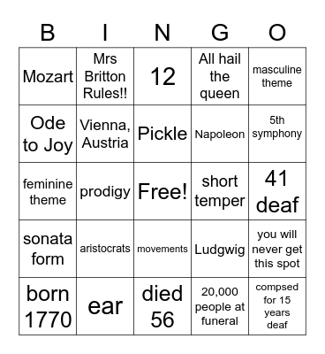 Beethoven's Life Bingo Card