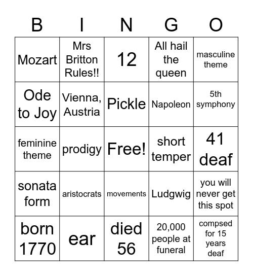 Beethoven's Life Bingo Card