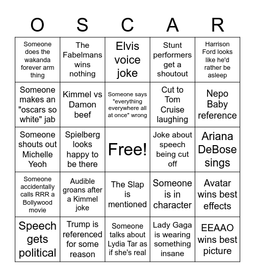 Will's 2023 Oscars Bingo Card