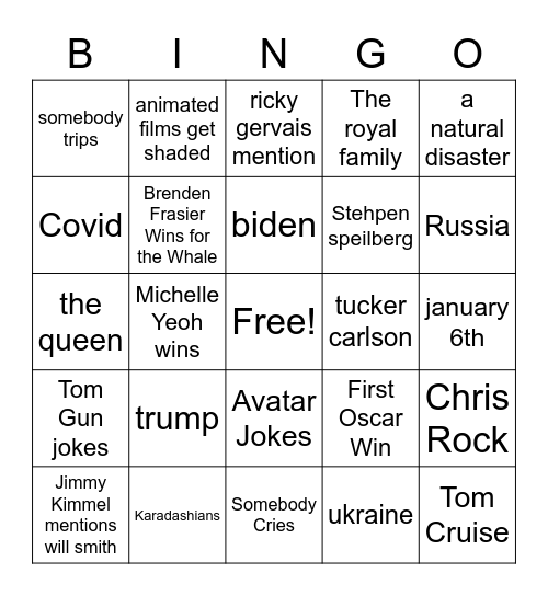 Oscar Bingo Card