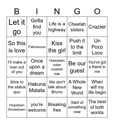 Disney Hits! Bingo Card