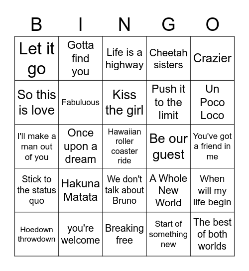 Disney Hits! Bingo Card