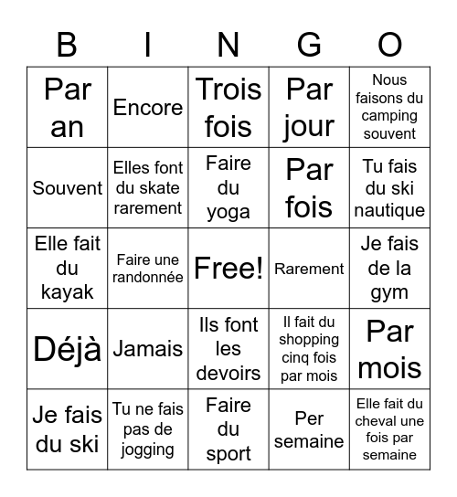 Faire + la fréquence Bingo Card