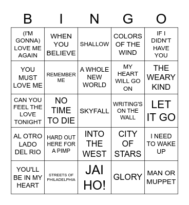 OSCAR SONG OF YEAR 22-91 Bingo Card