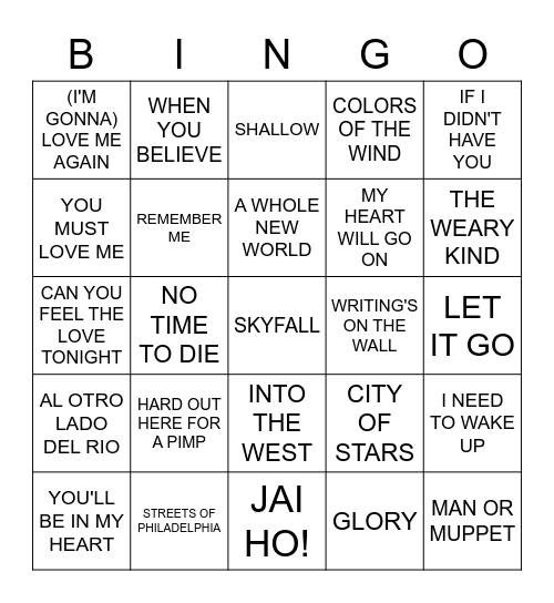 OSCAR SONG OF YEAR 22-91 Bingo Card