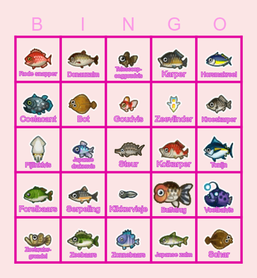 Animal Crossing Vissen Maart Bingo Card