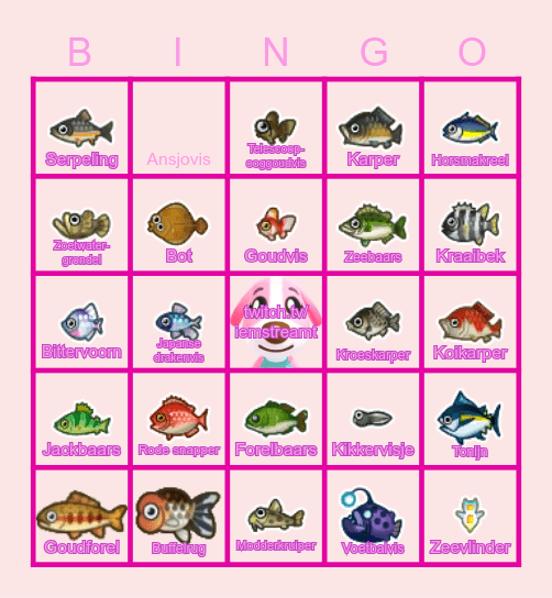 Animal Crossing Vissen Maart Bingo Card