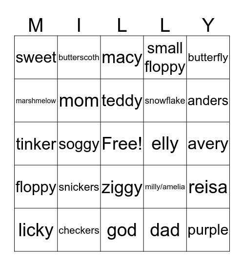 the silly milly bingo game Bingo Card