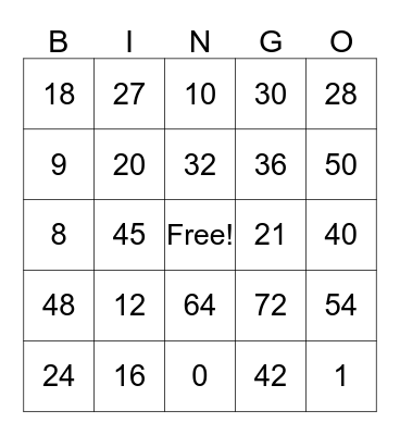 Multiplication Bingo Card