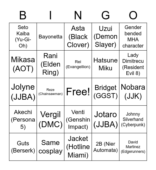 Zenkaikon Cosplay Bingo Card