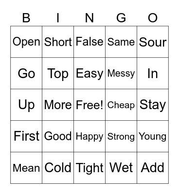 Antonym Bingo Card