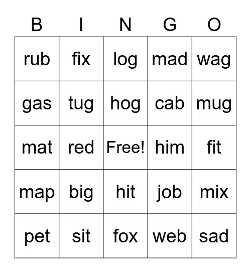 CVC Word Bingo Card