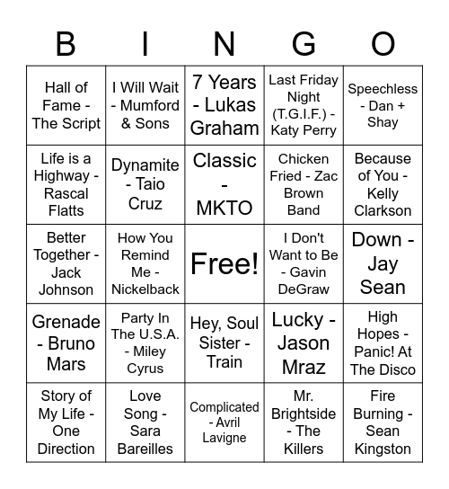 Name That Tune Bingo Card