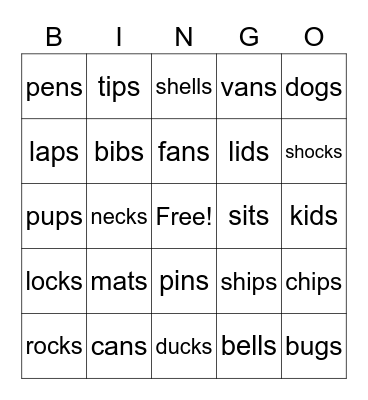 Suffix -s Bingo Card