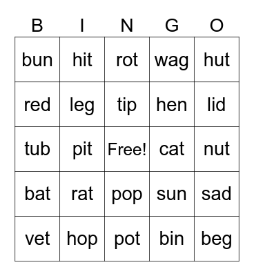 Short Vowel Bingo Card