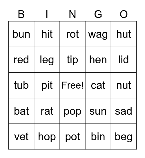 Short Vowel Bingo Card