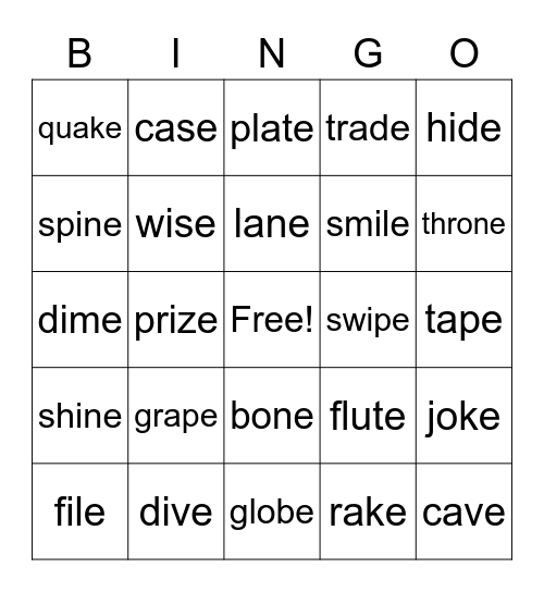 Magic E Bingo Card