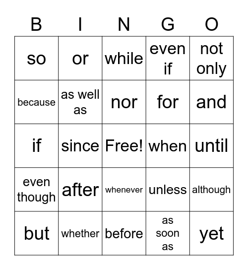 Conjunctions Bingo Card