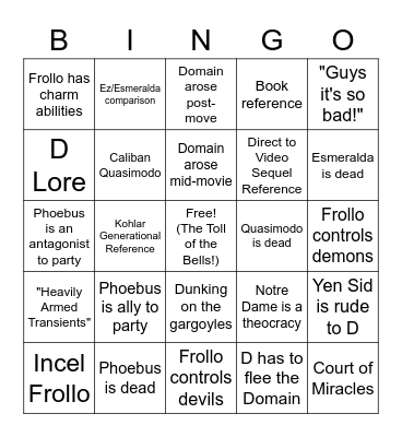 Wonderful Worlds of Darklords: The Bells of Notre Dame Bingo Card