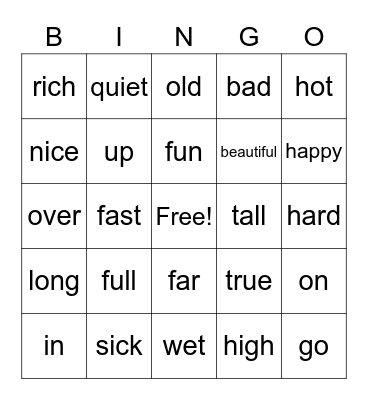 Antonyms Bingo Card