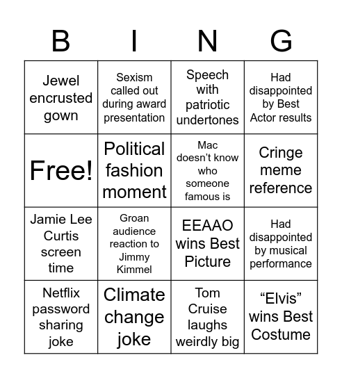 Jo’s Oscars 2023 Bingo Card