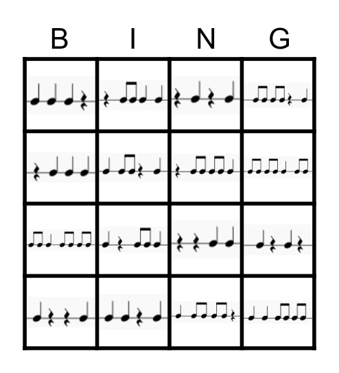 Rhythm Bingo 4x4 Bingo Card