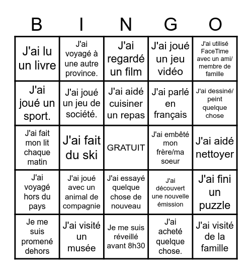 Semaine de relâche Bingo Card