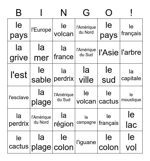La Martinique Bingo Card