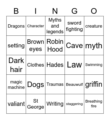 Myths and Legends Bingo Card