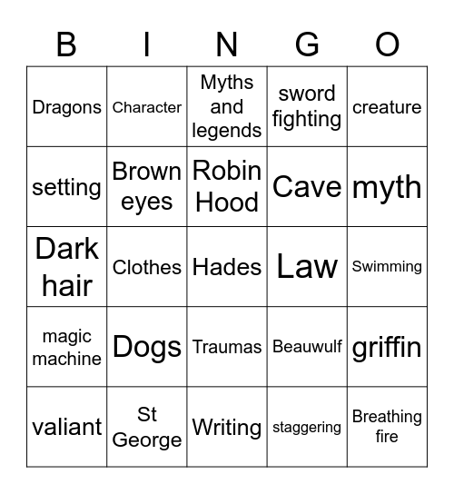 Myths and Legends Bingo Card