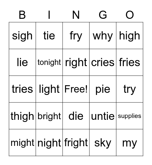 Long i: igh, ie, y Bingo Card