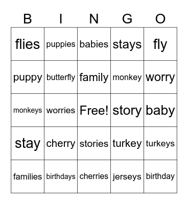 Plural: y to "ies" or "s" Bingo Card
