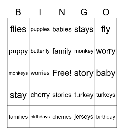 Plural: y to "ies" or "s" Bingo Card
