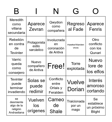 Dragon Age 4 Bingo Card