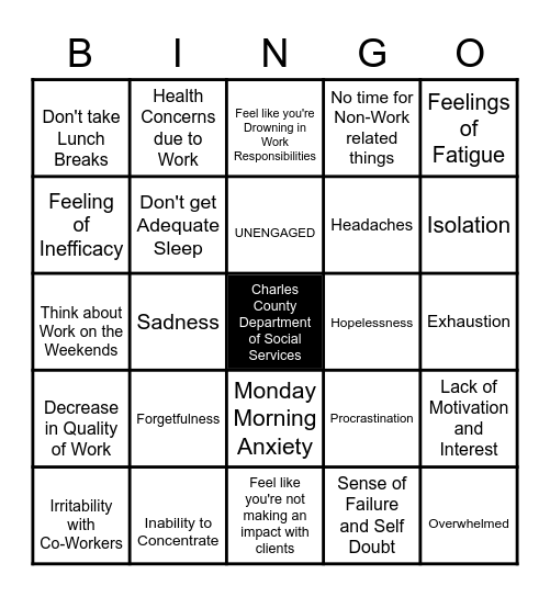 WORKPLACE BURNOUT Bingo Card