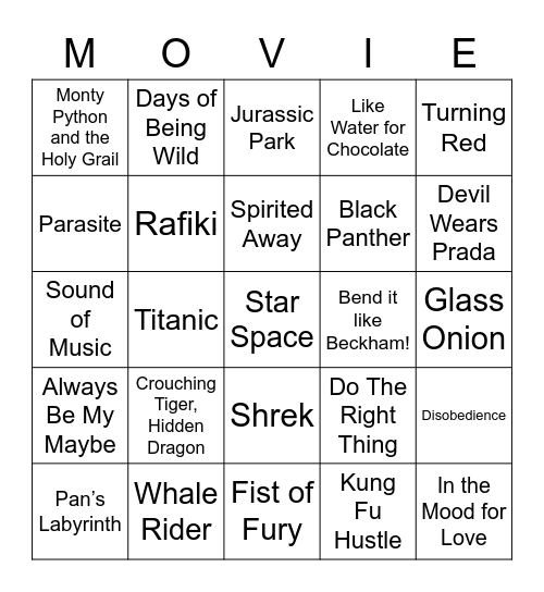 English Table Movie Bingo Card