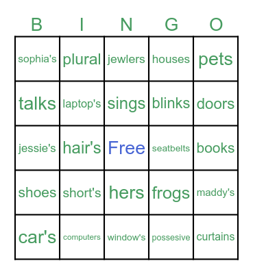 PLURALS + POSSESSIVES Bingo Card