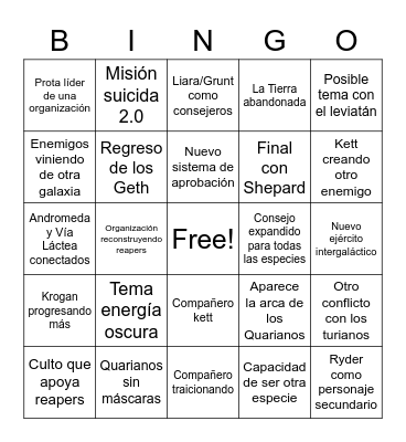 Mass Effect 5 Bingo Card