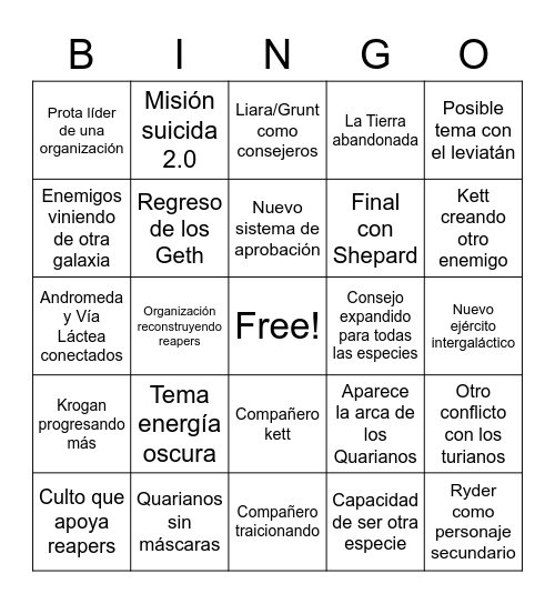 Mass Effect 5 Bingo Card