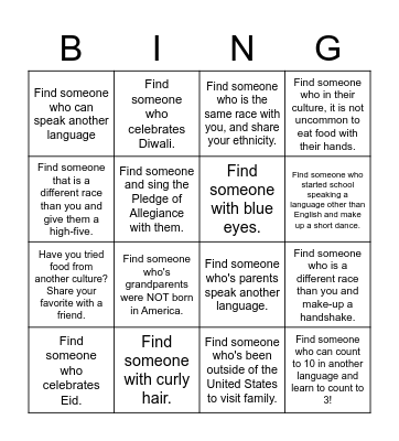 Diversity Exercise, K-2nd Bingo Card