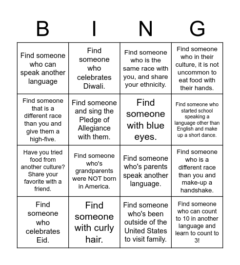 Diversity Exercise, K-2nd Bingo Card
