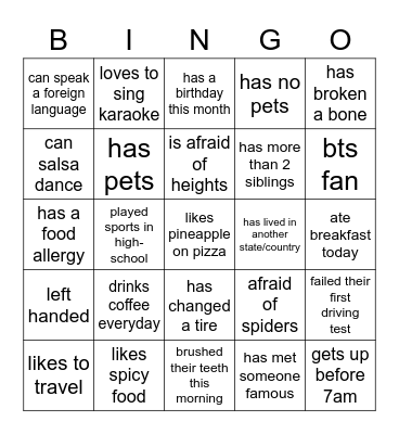 Icebreaker Bingo Card