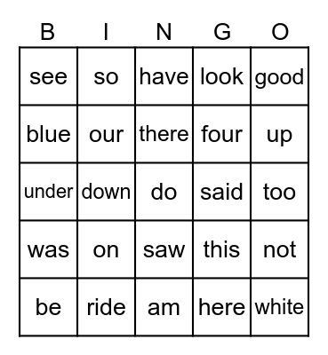 Sight Words Bingo Card
