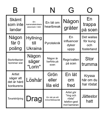 Eurovision Bingo Card