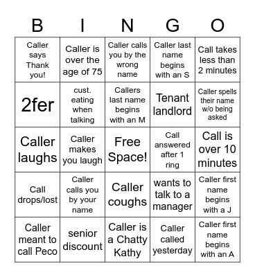 Lowry Call Center BINGO! Bingo Card