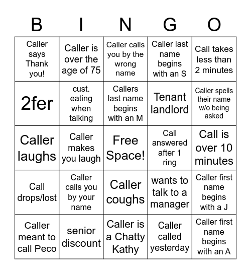 Lowry Call Center BINGO! Bingo Card