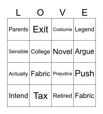 False Cognates Bingo Card