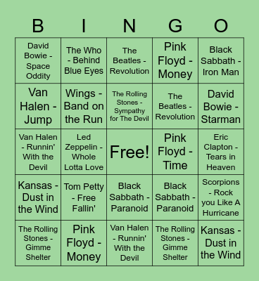 Classic Rock Bingo Card