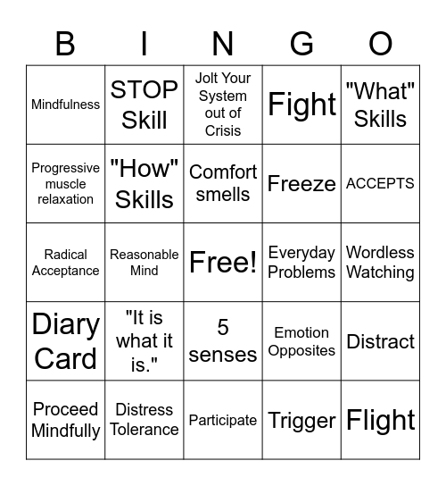 DBT Skills Review Bingo Card